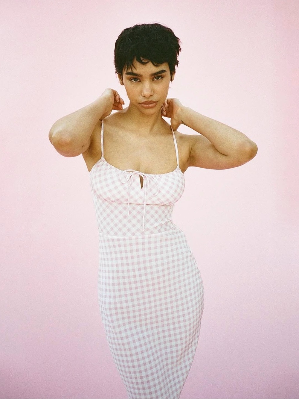 Realisation Par Pink Gingham Midi Slip Dress with Tie Front